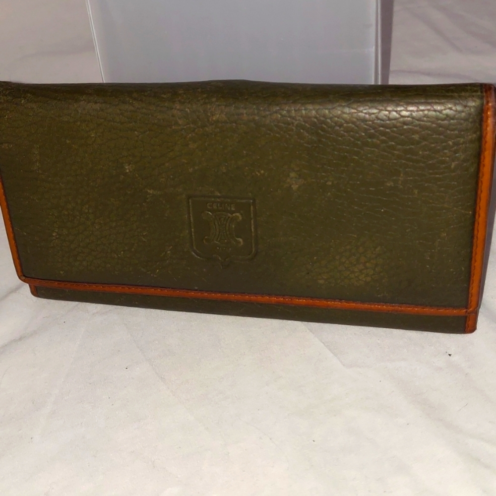 Vintage Celine Olive Green Leather Kisslock Long Wallet